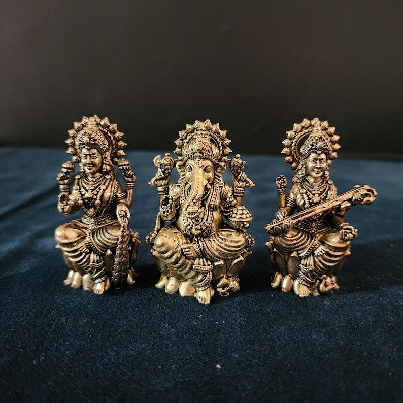 Premium Brass Lakshmi, Ganesh, and Saraswati | Symbols of Prosperity |Wisdom and Arts for Temple Mandirs | family gift idea | 4.5" inch