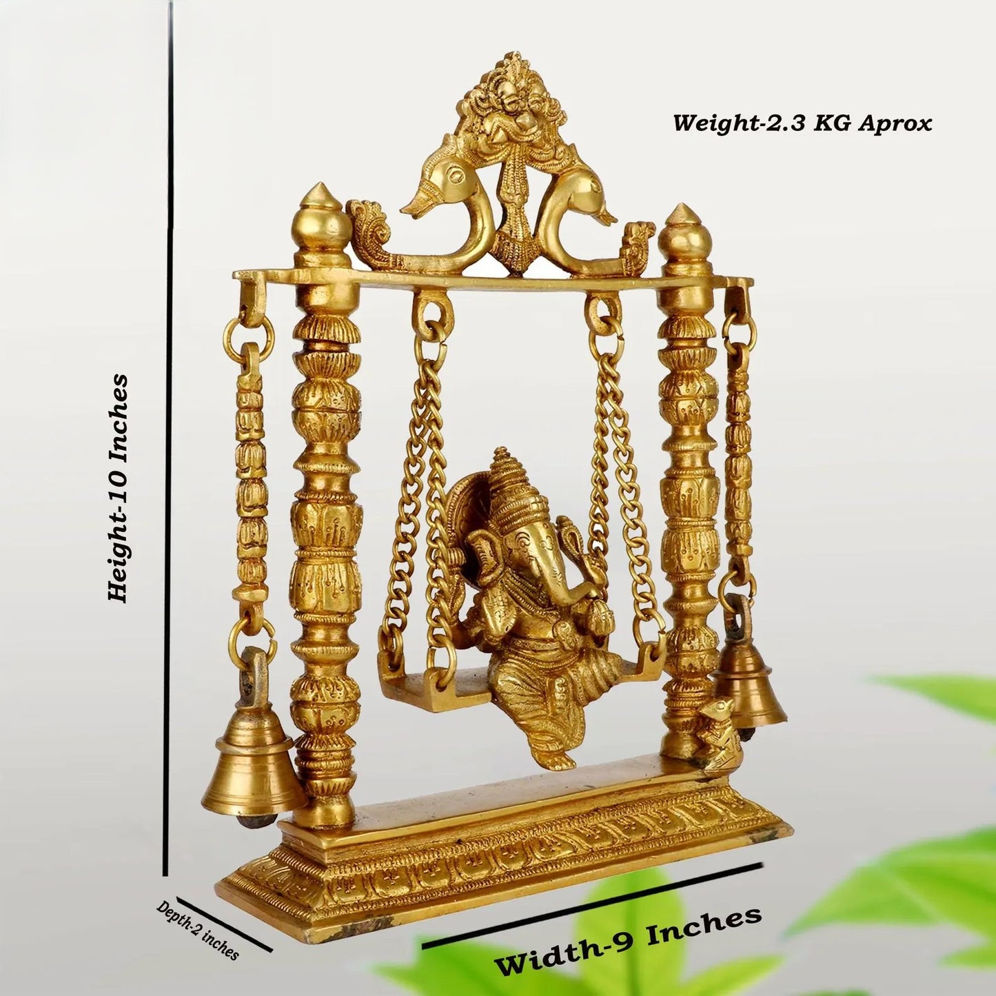 Brass Ganesh Jhula Idol on Swing - 10" Height, Antique Finish, Ideal for Home Decor, Puja, and Gifting