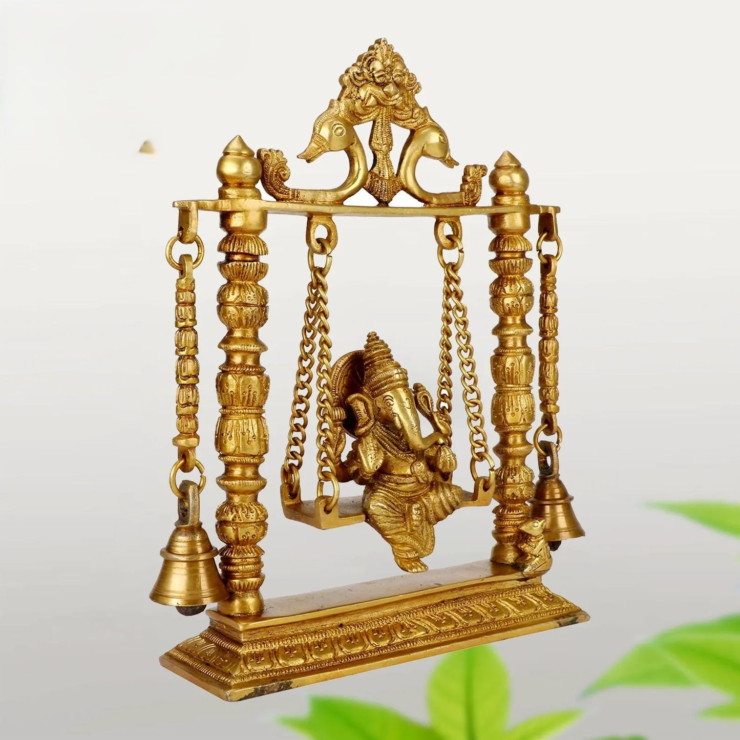 Brass Ganesh Jhula Idol on Swing - 10" Height, Antique Finish, Ideal for Home Decor, Puja, and Gifting