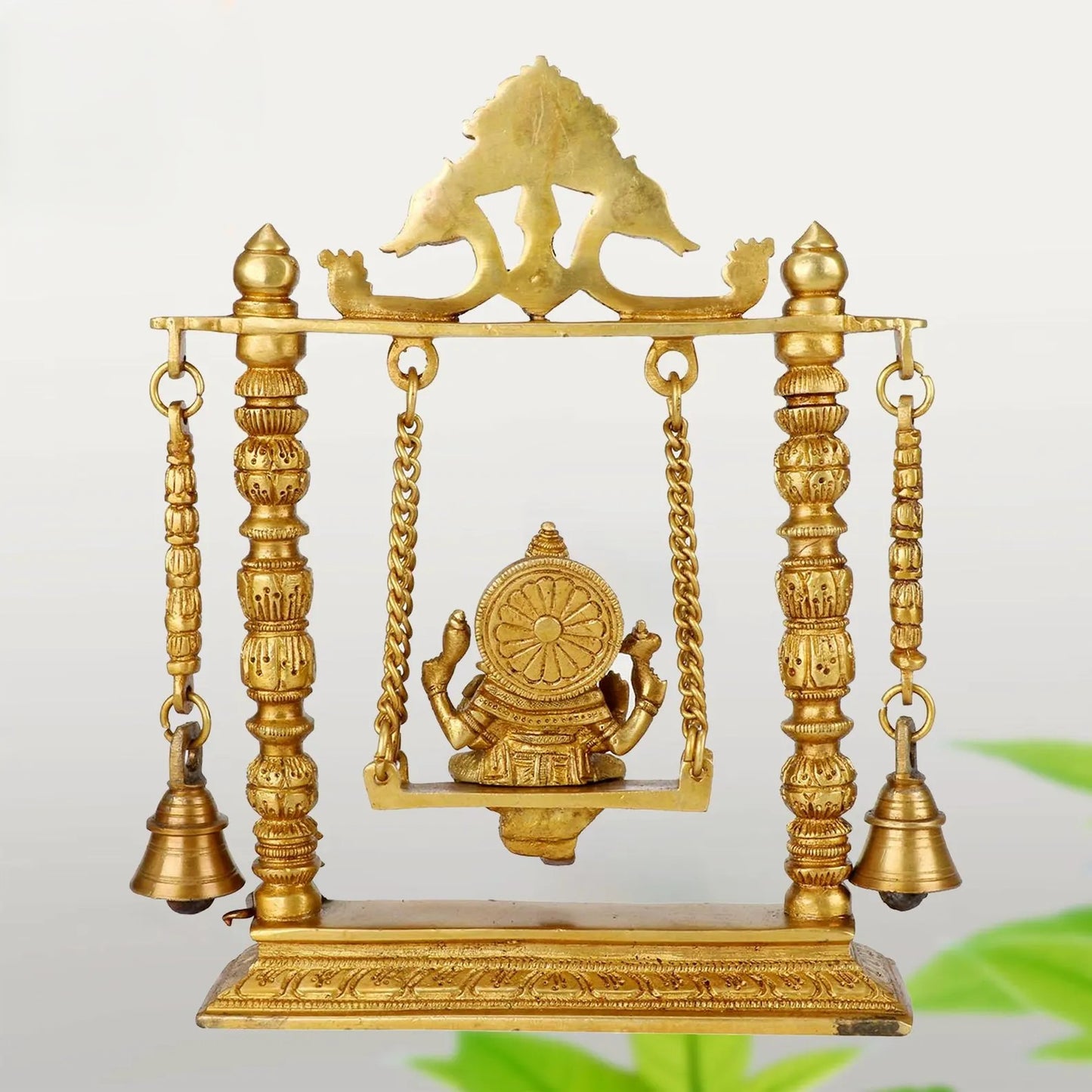 Brass Ganesh Jhula Idol on Swing - 10" Height, Antique Finish, Ideal for Home Decor, Puja, and Gifting