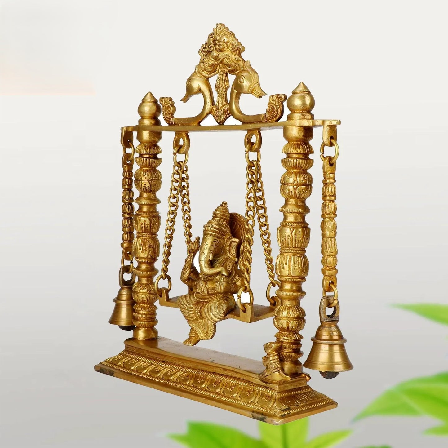 Brass Ganesh Jhula Idol on Swing - 10" Height, Antique Finish, Ideal for Home Decor, Puja, and Gifting