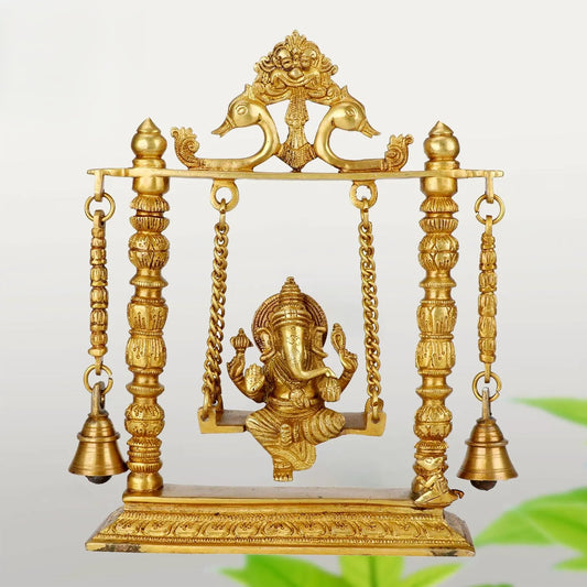 Brass Ganesh Jhula Idol on Swing - 10" Height, Antique Finish, Ideal for Home Decor, Puja, and Gifting