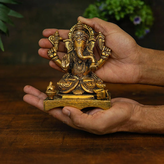 Ganesha Idol On Chowki | StatueStudio |Handmade Brass idol for Home,Temple, Diwali - 5 Inch