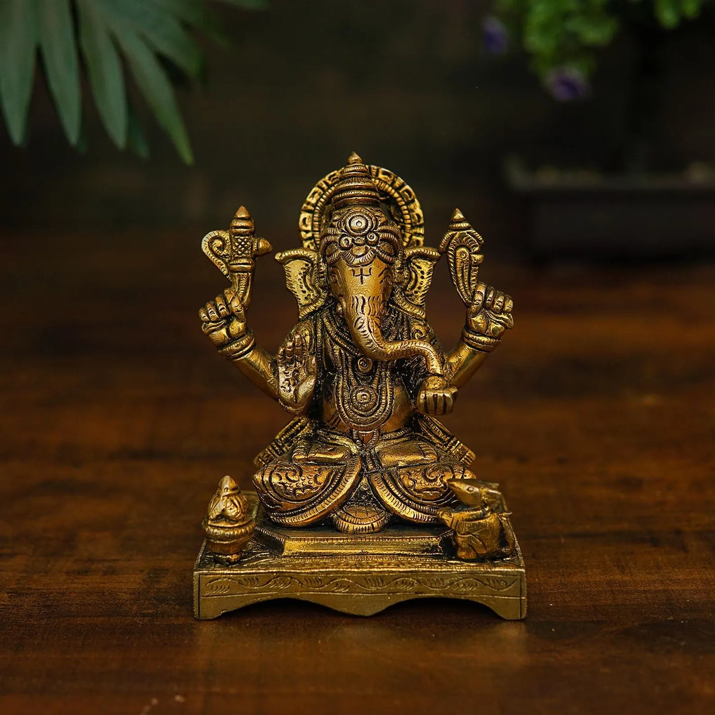 Ganesha Idol On Chowki | StatueStudio |Handmade Brass idol for Home,Temple, Diwali - 5 Inch